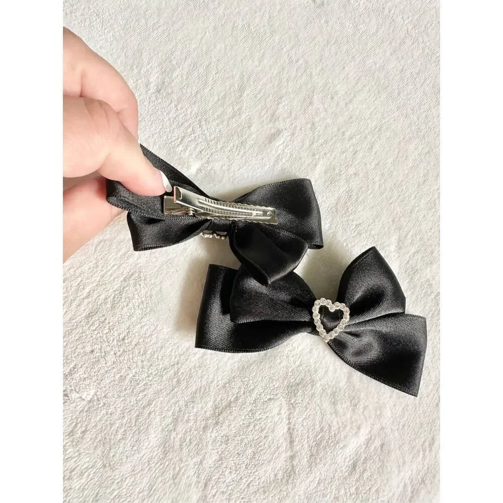 Set a two rhinestone heart black hair bows with hair clip ￼